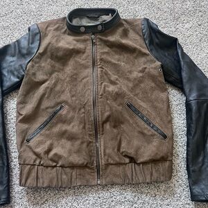 MANGO LEATHER BROWN Suede BLACK Colorblock WOMEN'S  JACKET Zip up Bomber SIZE XS